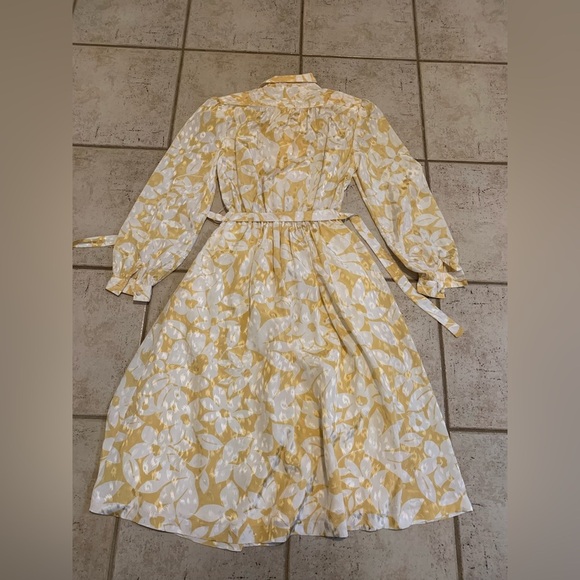 VINTAGE 80s Rouie Golden Floral Jacquard Midi Dress Tie Neck Puff Sleeve Size 4 - Picture 3 of 7